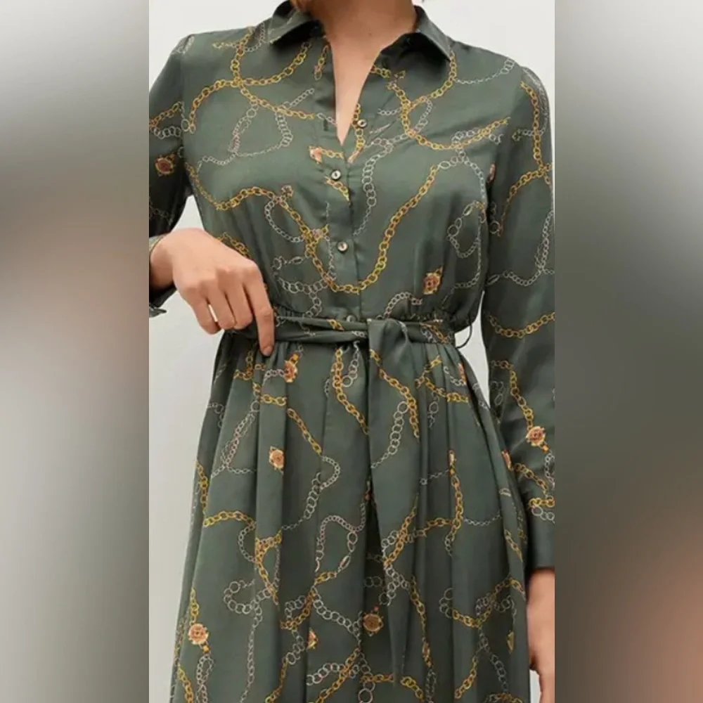 Mango Olive Green Chain-Print Midi Shirt Dress